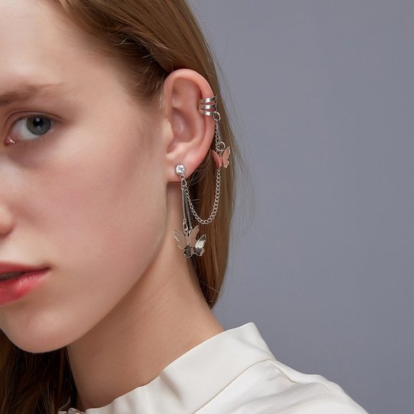 silver Butterfly crystal chain Cuff Earring for single ear - Picture 6 of 9